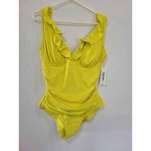 DKNY Ruffle Trim One Piece Swimsuit Ruched‎ Tummy Control Yellow L #18